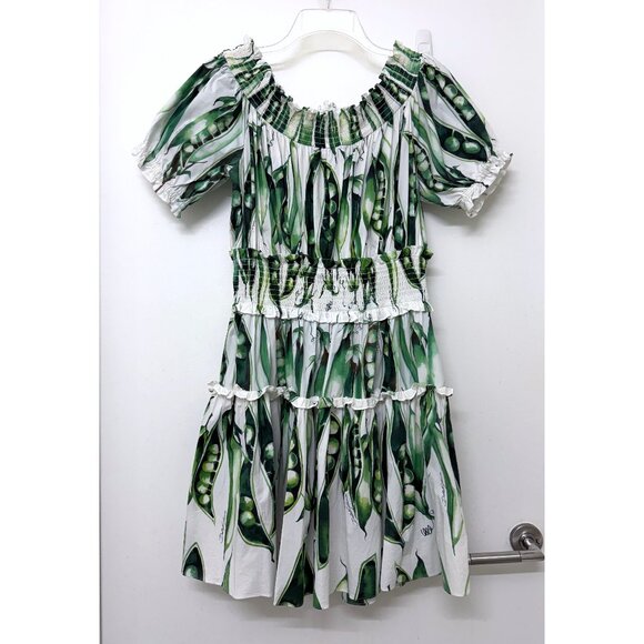 Dolce & Gabbana Green Beans Snap Pea Mini Dress White Cotton Smocked IT 48 - Picture 2 of 16